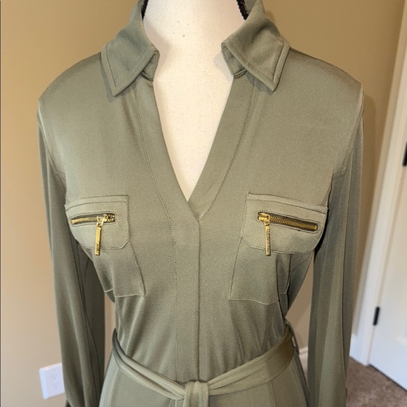 INC International Concepts Olive Green Belted Sheath Dress Long Sleeve Collared - Picture 3 of 11